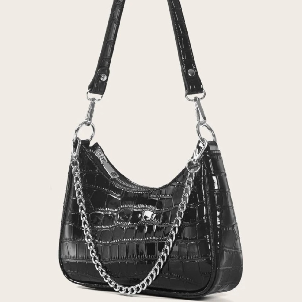 Croc embossed chain baguette bag